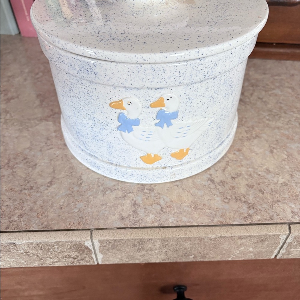 White Speckled Canister with Ducks